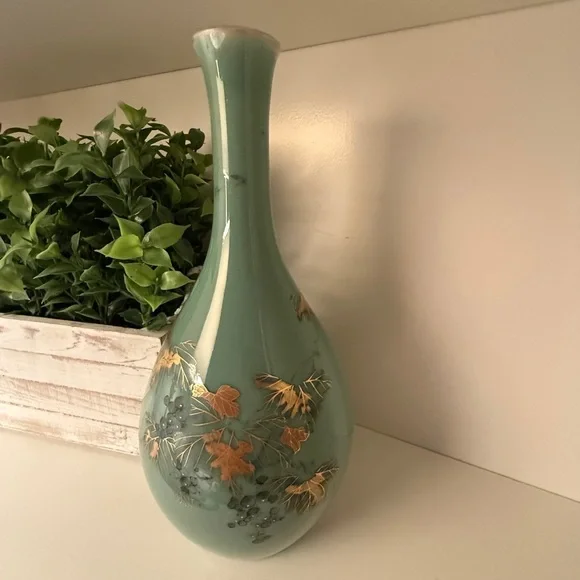 .Asian Turquoise Gilt Decorated Crane Neck Porcelain Glazed Large Vase #1